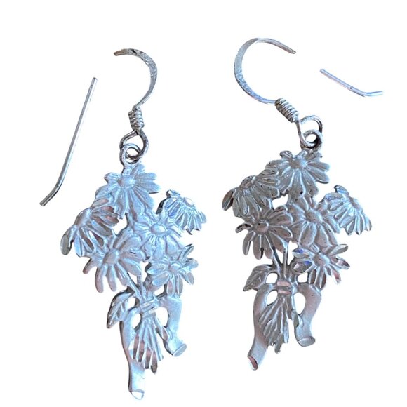 Sterling Silver Daisy Flower Dangle Earrings 925 Hook Drop Floral Jewelry - Picture 2 of 8